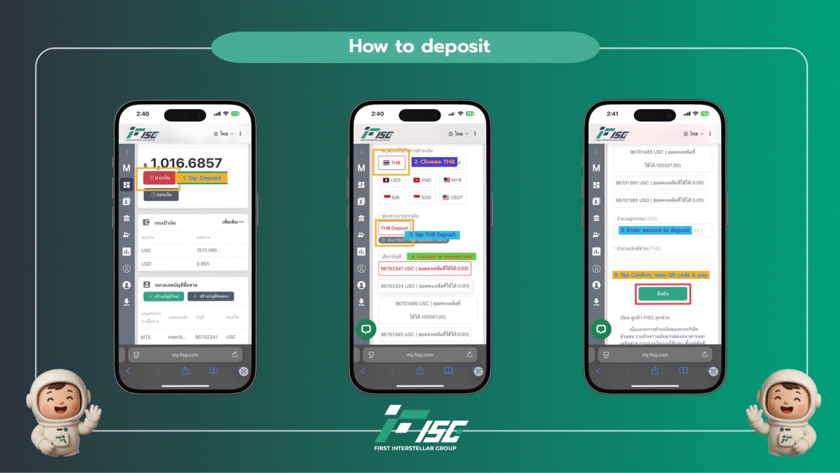 Three-screen walkthrough of the deposit: tap Deposit, choose THB and THB Deposit, pick the account and enter the amount, then tap Confirm.